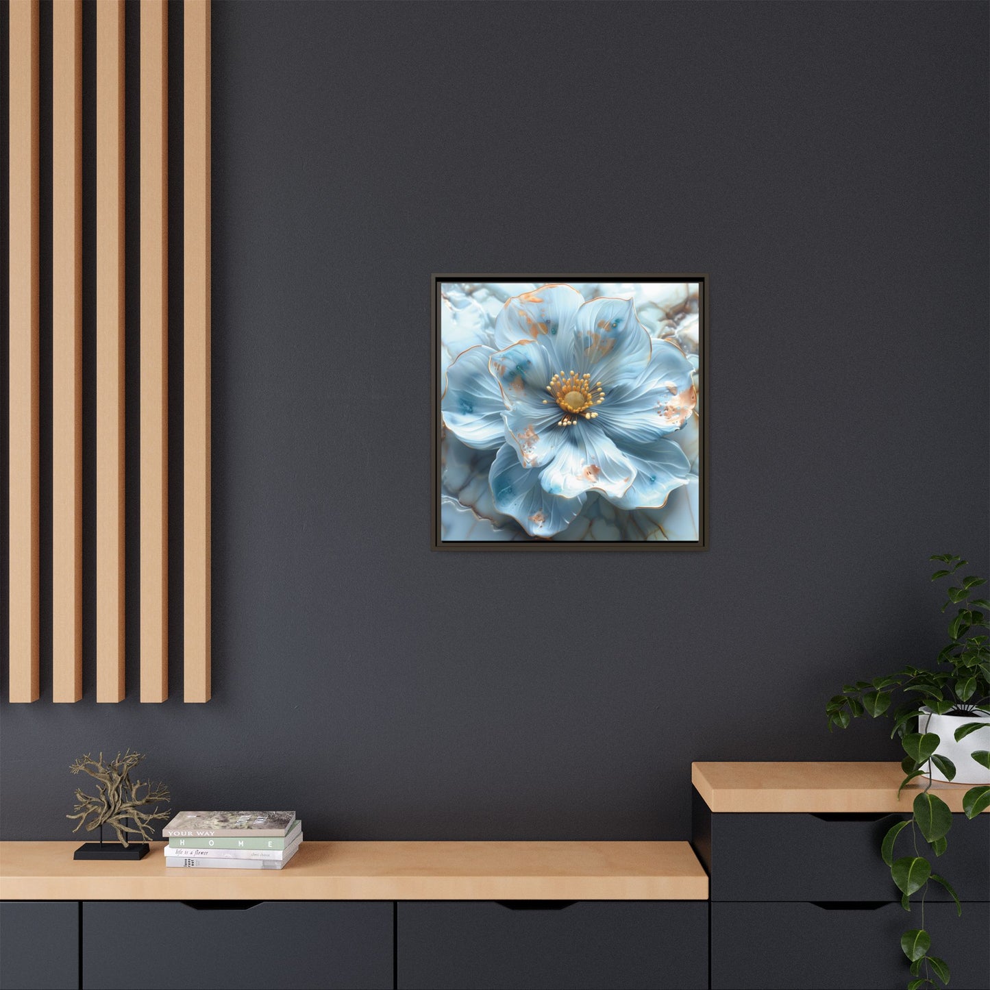 Elegant Sky-Blue Floral Matte Canvas Wall Art – Framed in White, Black, or Espresso | Modern Home & Office Decor