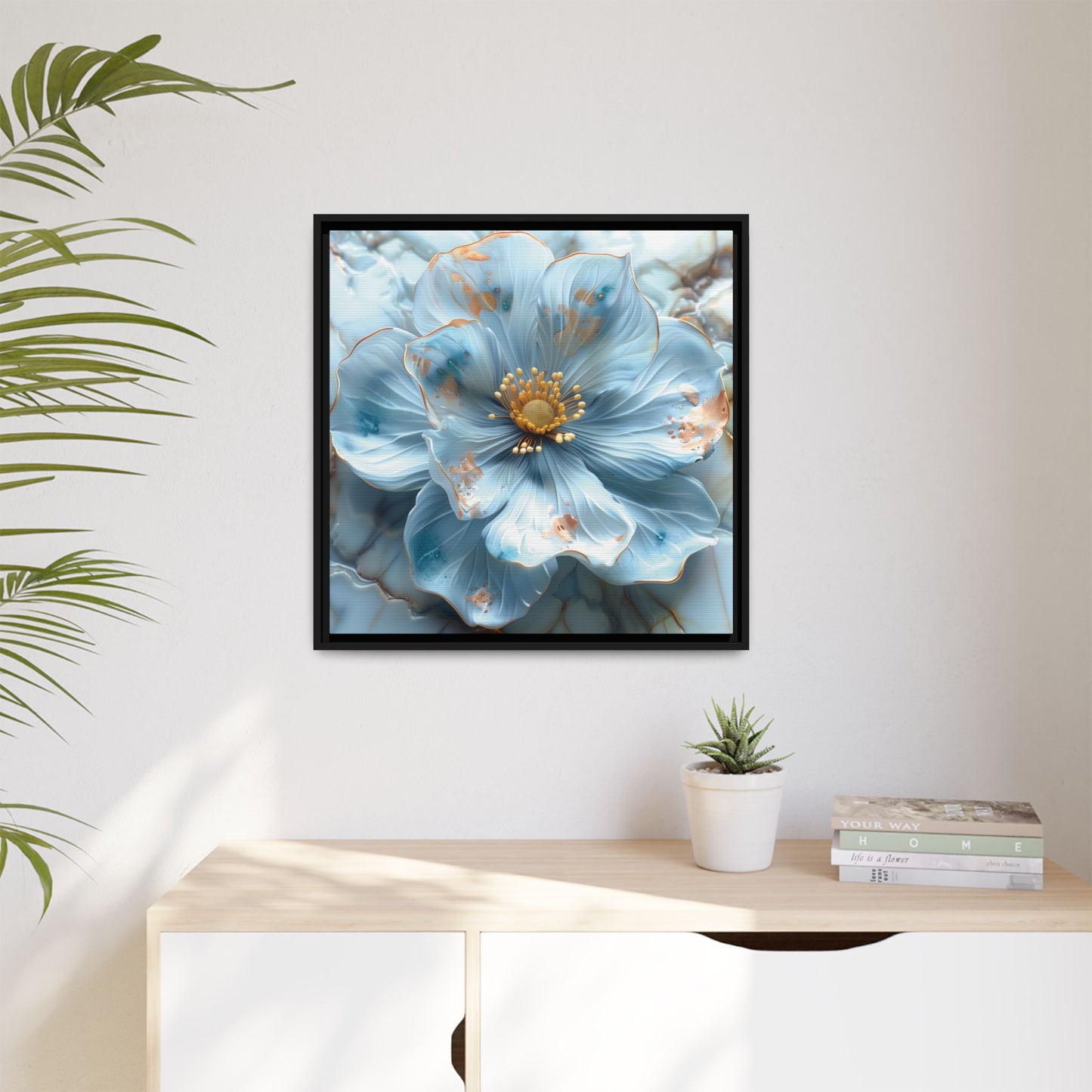 Elegant Sky-Blue Floral Matte Canvas Wall Art – Framed in White, Black, or Espresso | Modern Home & Office Decor