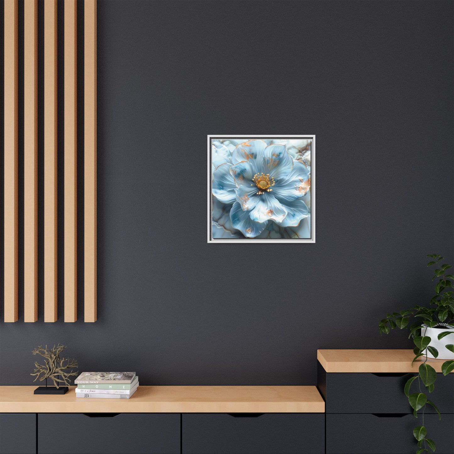 Elegant Sky-Blue Floral Matte Canvas Wall Art – Framed in White, Black, or Espresso | Modern Home & Office Decor