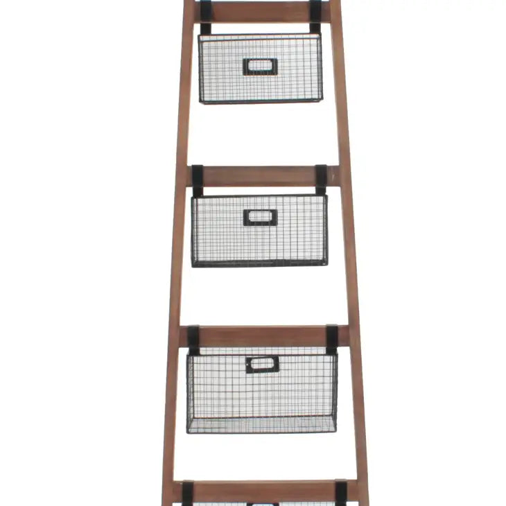 Home Décor Wood Ladder Shelf w/ Wire Baskets