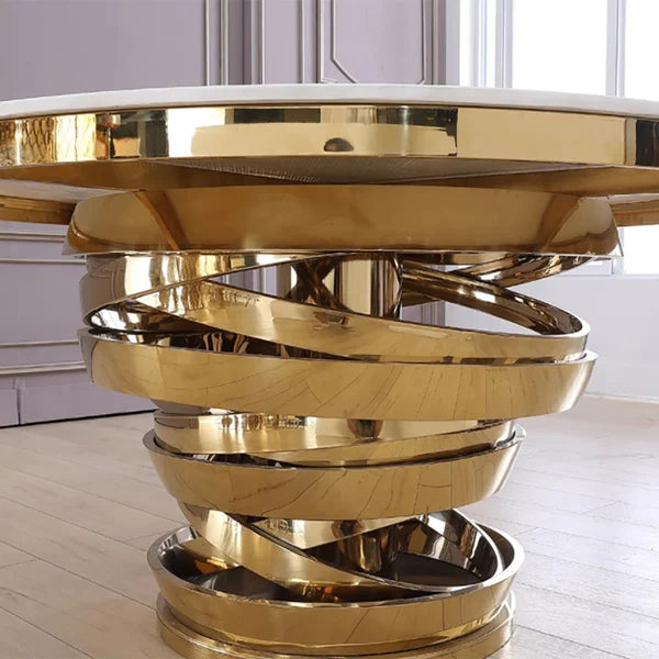 EleganceMarble Gold Round Dining Table – Luxurious White Marble & Gold Stainless Steel Base, 64" x 30"