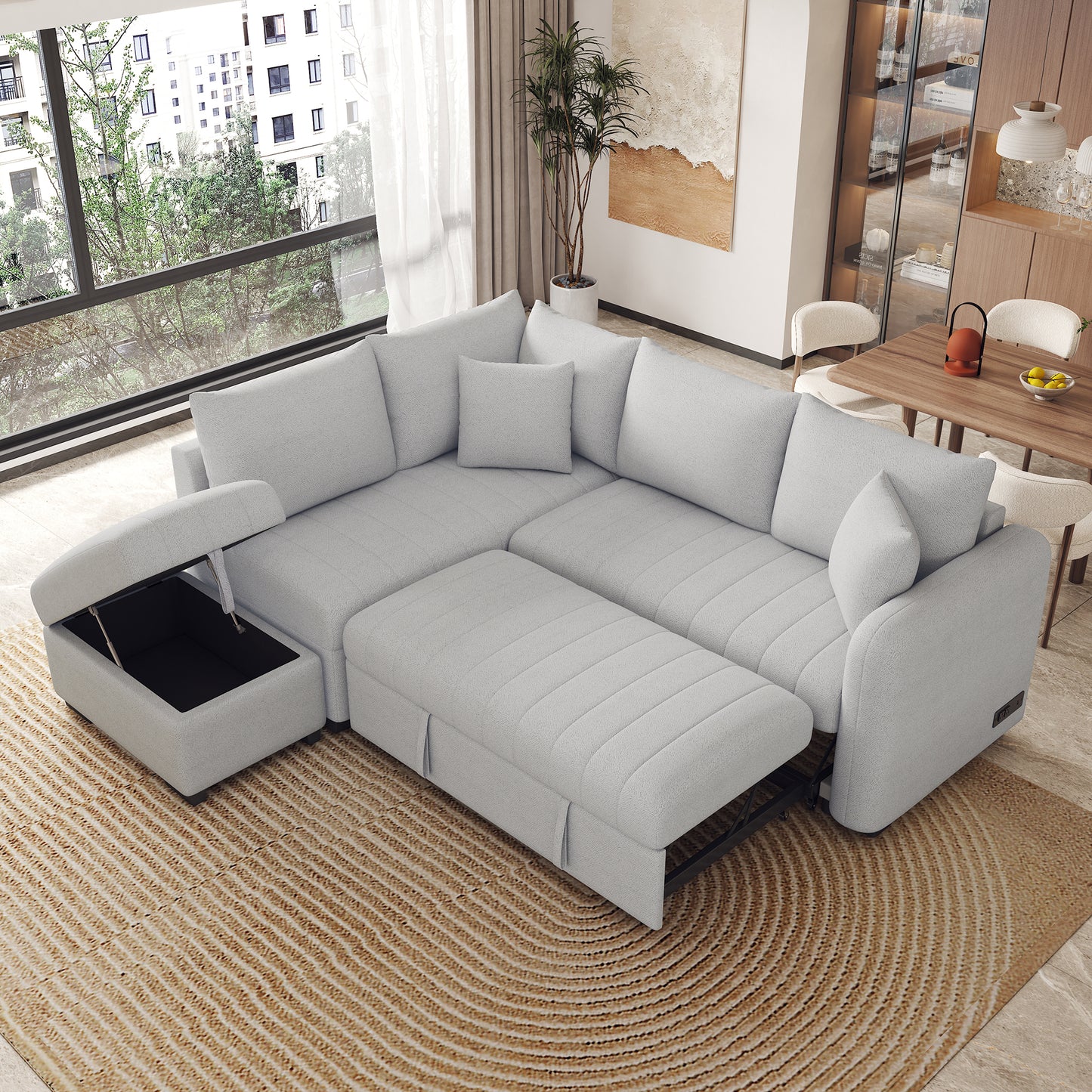 82.6' L-shaped Sectional Pull Out Sofa Bed Sleeper Sofa with Two USB Ports, Two Power Sockets and a Movable Storage Ottoman, Gray