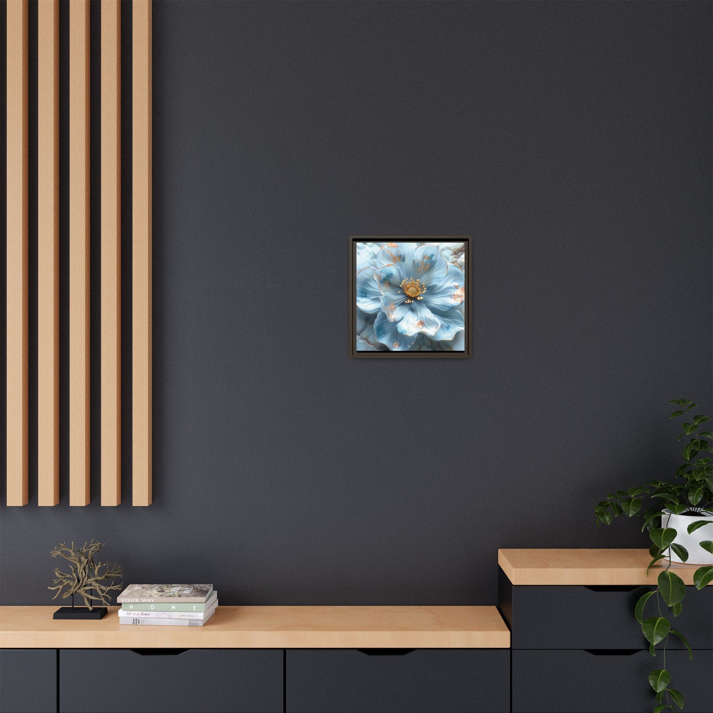 Elegant Sky-Blue Floral Matte Canvas Wall Art – Framed in White, Black, or Espresso | Modern Home & Office Decor