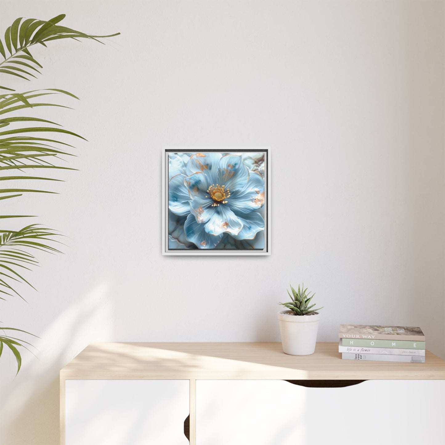 Elegant Sky-Blue Floral Matte Canvas Wall Art – Framed in White, Black, or Espresso | Modern Home & Office Decor