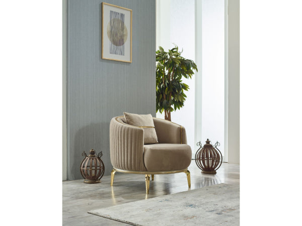 Armoni Livingroom Set Beige with Gold Legs - Side chair, Sofa and Love seat