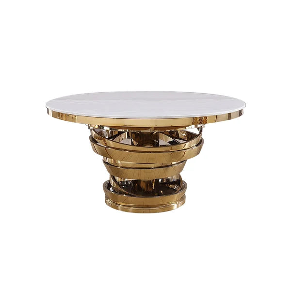 EleganceMarble Gold Round Dining Table – Luxurious White Marble & Gold Stainless Steel Base, 64" x 30"