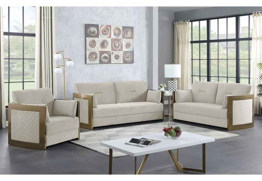 Regal Diamond 2-Piece Velvet Sofa and Love Seat Set with Gold Accents