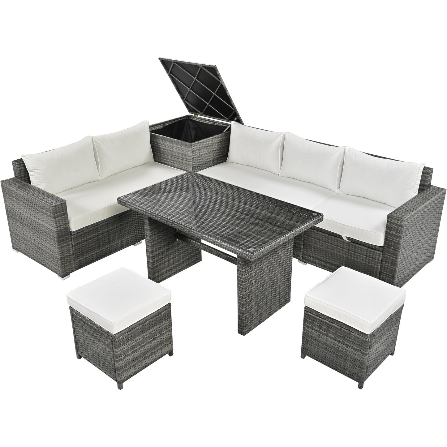 Outdoor 6-Piece All Weather PE Rattan Sofa Set, Garden Patio Wicker Sectional Furniture Set with Adjustable Seat, Storage Box, Removable Covers and Tempered Glass Top Table