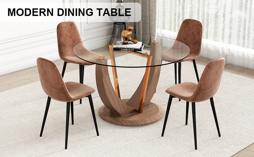 A modern minimalist round tempered glass dining table with a diameter of 48 inches. Glass desktop+MDF wood grain table legs and base. A set of 4 cushioned chairs 48 * 48 '' * 30 '' DT-908 B0501A