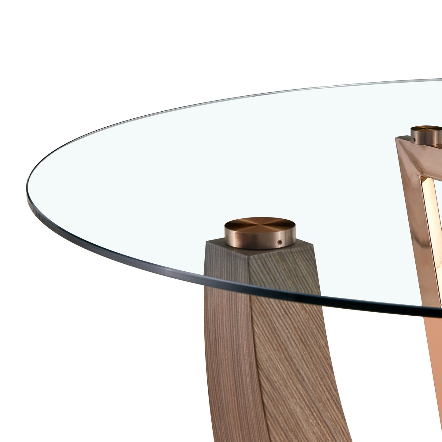 A modern minimalist round tempered glass dining table with a diameter of 48 inches. Glass desktop+MDF wood grain table legs and base. A set of 4 cushioned chairs 48 * 48 '' * 30 '' DT-908 B0501A