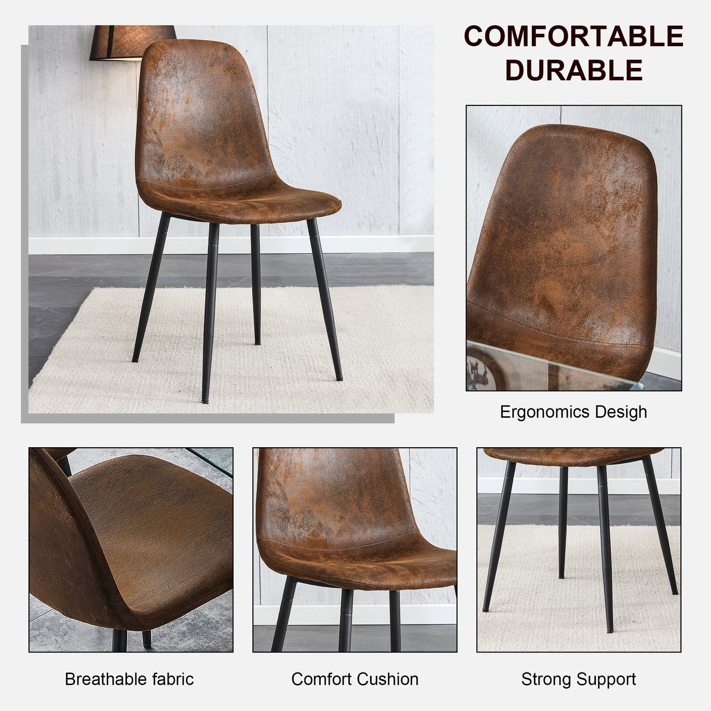 A modern minimalist round tempered glass dining table with a diameter of 48 inches. Glass desktop+MDF wood grain table legs and base. A set of 4 cushioned chairs 48 * 48 '' * 30 '' DT-908 B0501A