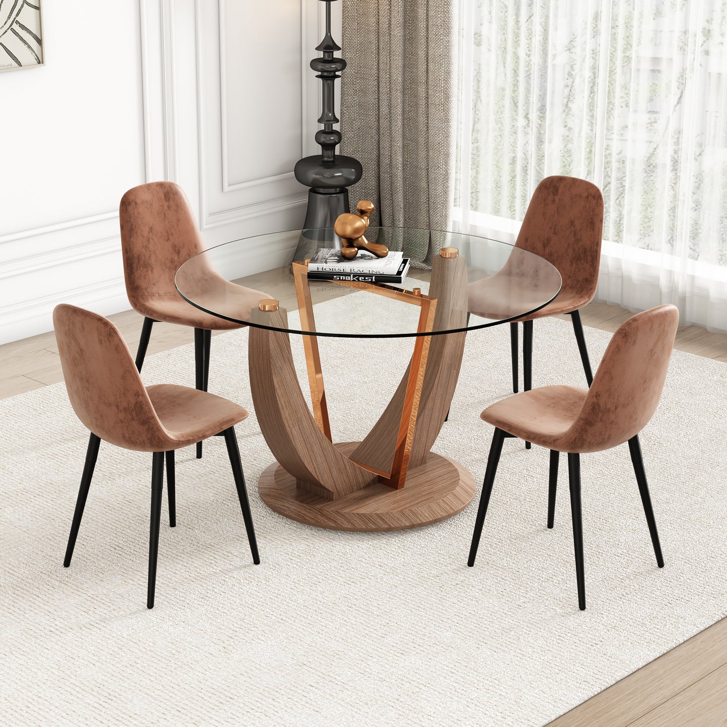 A modern minimalist round tempered glass dining table with a diameter of 48 inches. Glass desktop+MDF wood grain table legs and base. A set of 4 cushioned chairs 48 * 48 '' * 30 '' DT-908 B0501A