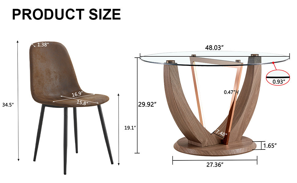 A modern minimalist round tempered glass dining table with a diameter of 48 inches. Glass desktop+MDF wood grain table legs and base. A set of 4 cushioned chairs 48 * 48 '' * 30 '' DT-908 B0501A