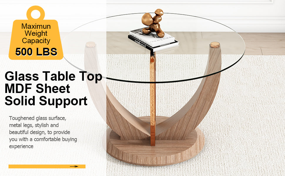 A modern minimalist round tempered glass dining table with a diameter of 48 inches. Glass desktop+MDF wood grain table legs and base. A set of 4 cushioned chairs 48 * 48 '' * 30 '' DT-908 B0501A