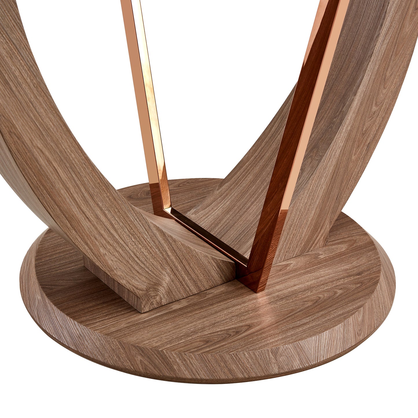 A modern minimalist round tempered glass dining table with a diameter of 48 inches. Glass desktop+MDF wood grain table legs and base. A set of 4 cushioned chairs 48 * 48 '' * 30 '' DT-908 B0501A