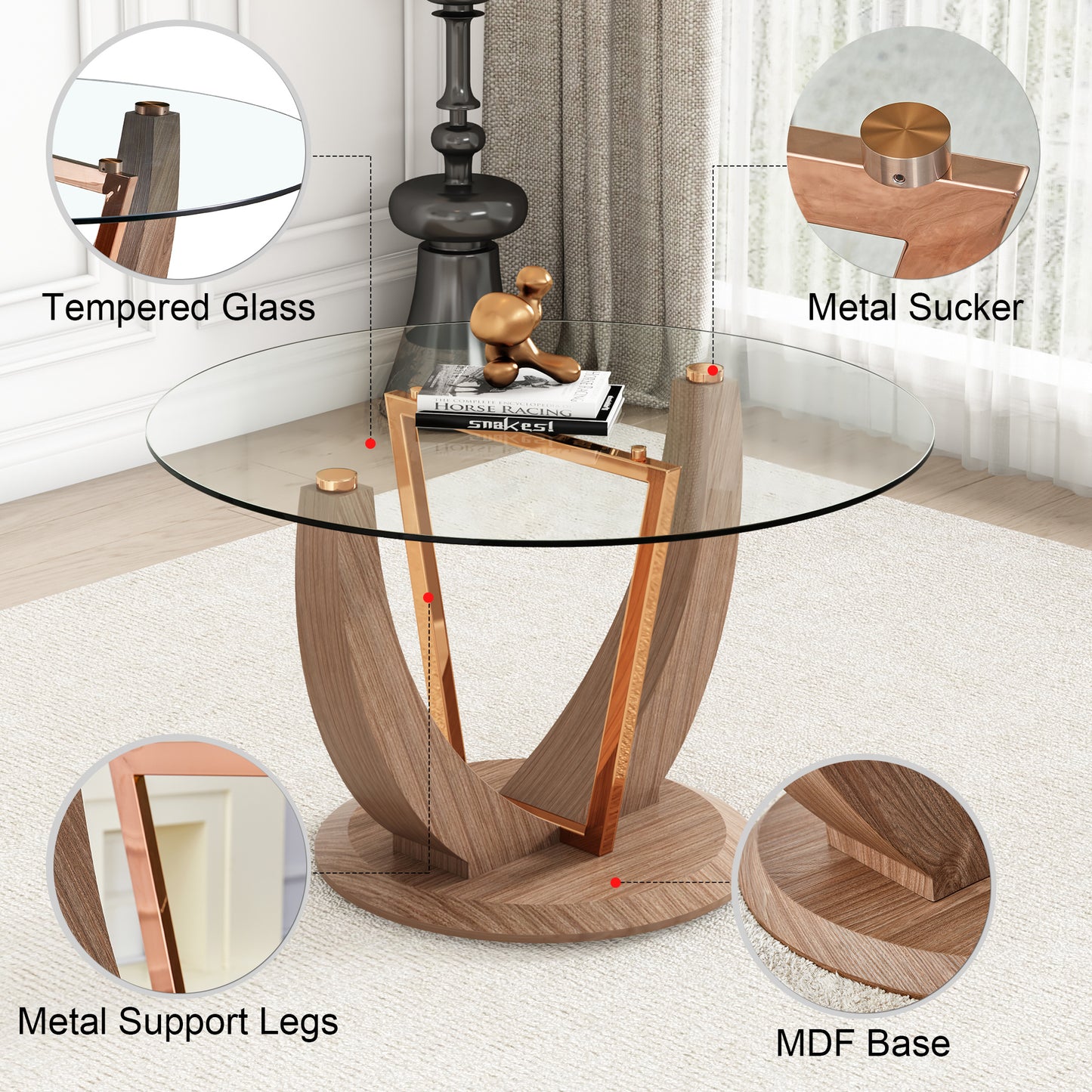 A modern minimalist round tempered glass dining table with a diameter of 48 inches. Glass desktop+MDF wood grain table legs and base. A set of 4 cushioned chairs 48 * 48 '' * 30 '' DT-908 B0501A