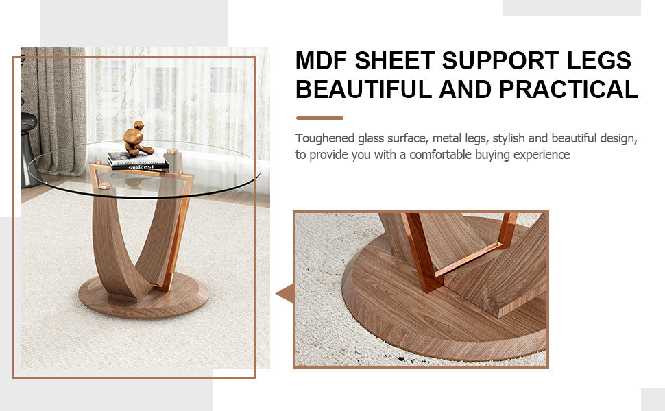A modern minimalist round tempered glass dining table with a diameter of 48 inches. Glass desktop+MDF wood grain table legs and base. A set of 4 cushioned chairs 48 * 48 '' * 30 '' DT-908 B0501A