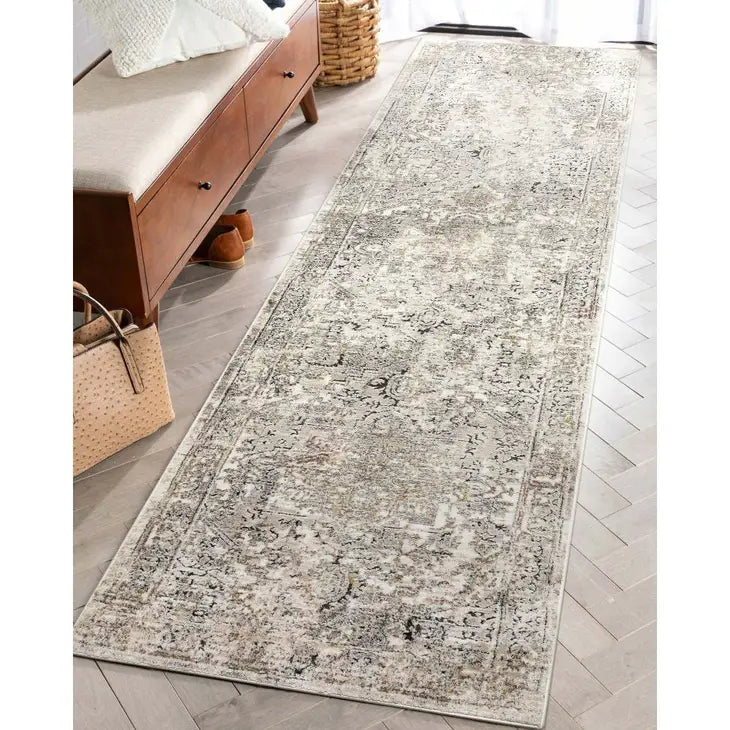 Heriz Medallion Modern Vintage Grey Ivory High-Low Rug