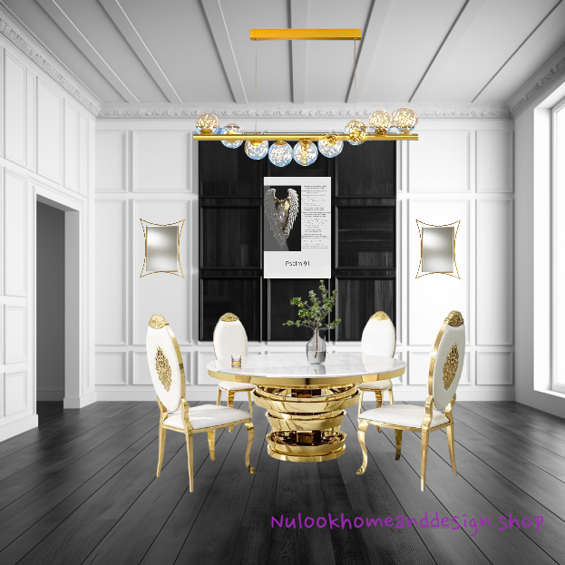 EleganceMarble Gold Round Dining Table – Luxurious White Marble & Gold Stainless Steel Base, 64" x 30"