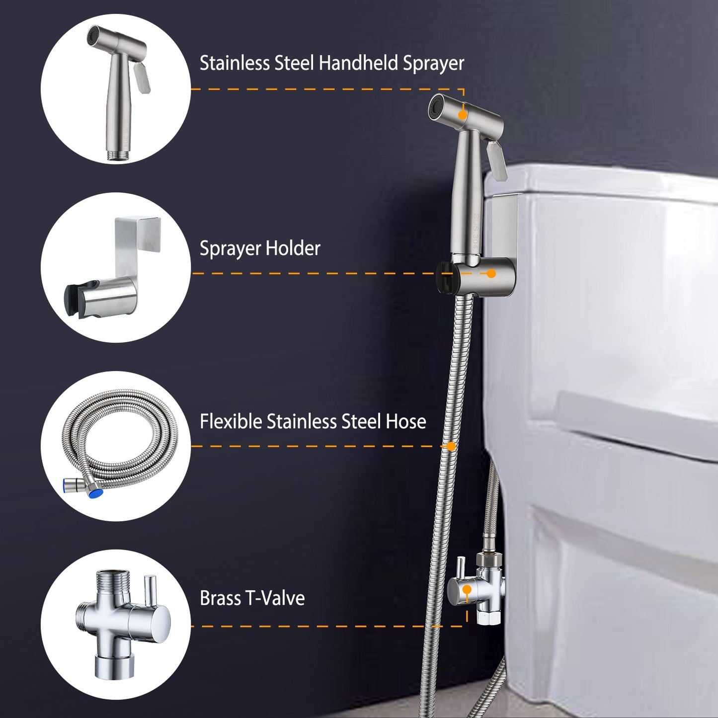 Handheld Bidet Sprayer Stainless Steel Bathroom Shower Toilet Bidet Sprayer Baby Cloth Diaper Sprayer Kit with Hose Brass Valve For Personal Hygiene Toilet Clean