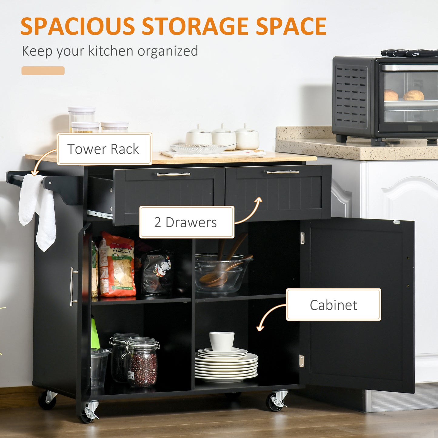 41" Modern Rolling Kitchen Island on Wheels, Utility Cart Storage Trolley with Rubberwood Top & Drawers, Black