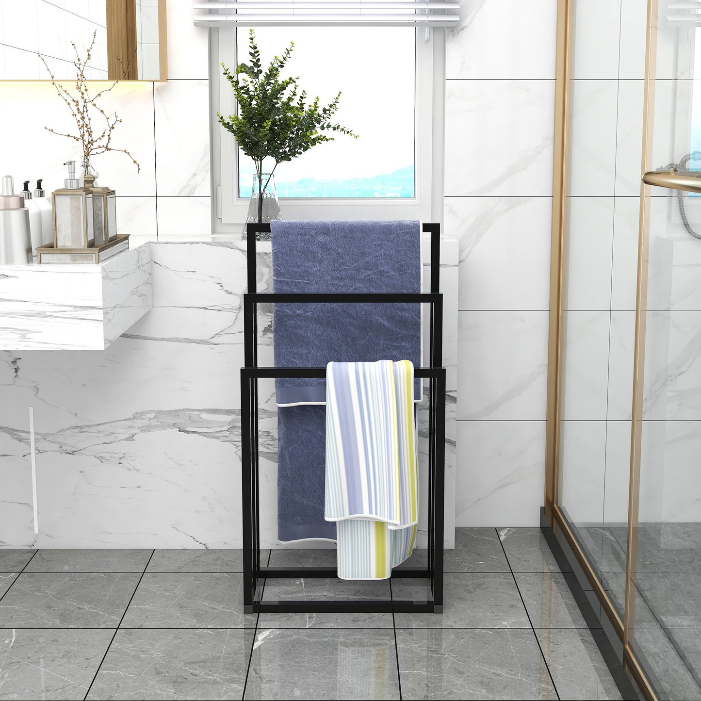 Metal Freestanding Towel Rack 3 Tiers Hand Towel Holder Organizer for Bathroom Accessories; Black
