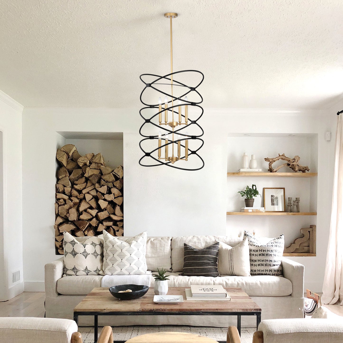 Transitional Gold/Matte Black Metal Chandelier Fixture; 8 lights