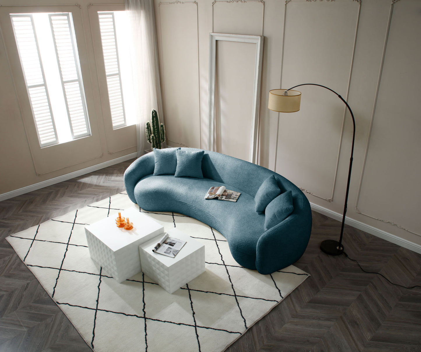102'' Boucle Sofa Modern Sectional Half Moon Leisure Couch Curved Sofa Teddy Fleece Velet Blue