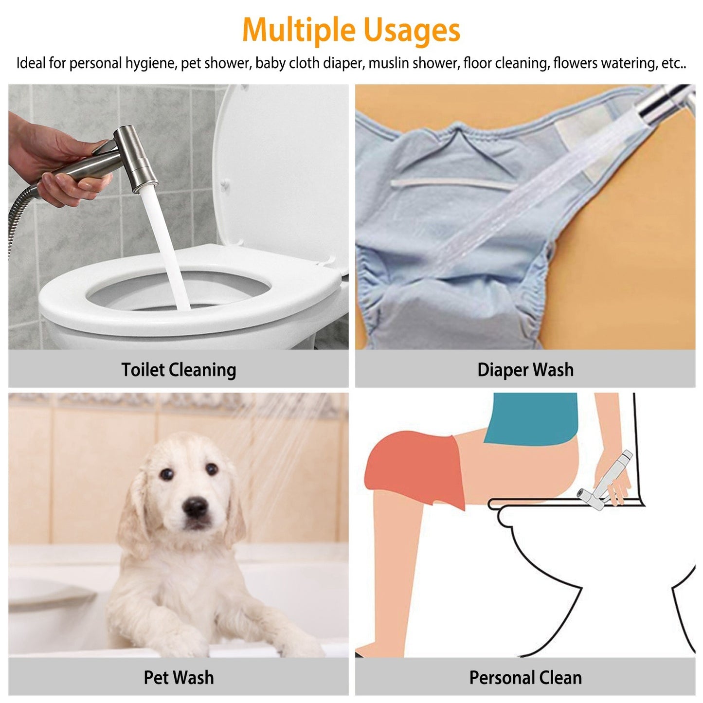 Handheld Bidet Sprayer Stainless Steel Bathroom Shower Toilet Bidet Sprayer Baby Cloth Diaper Sprayer Kit with Hose Brass Valve For Personal Hygiene Toilet Clean