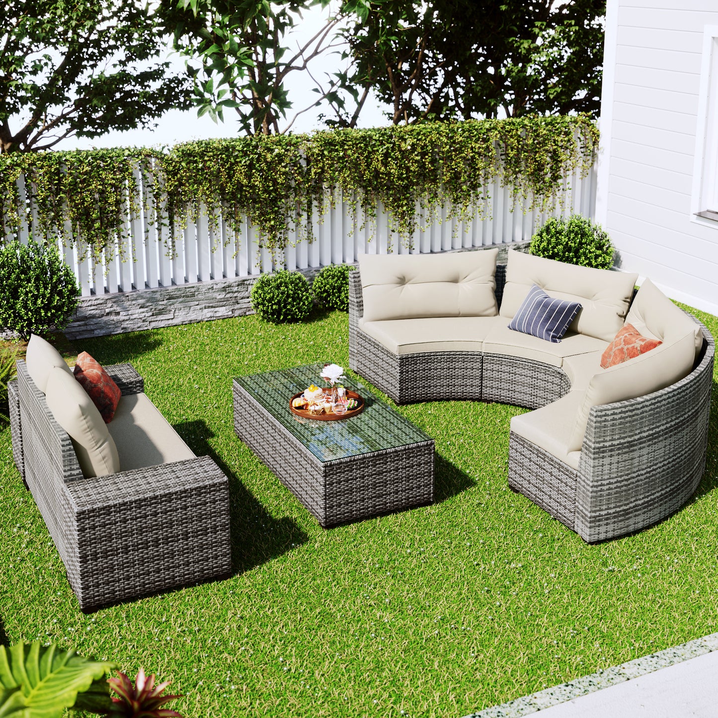 8-pieces Outdoor Set; Half-Moon All Weather; PE Rattan Water-resistant and UV Protected