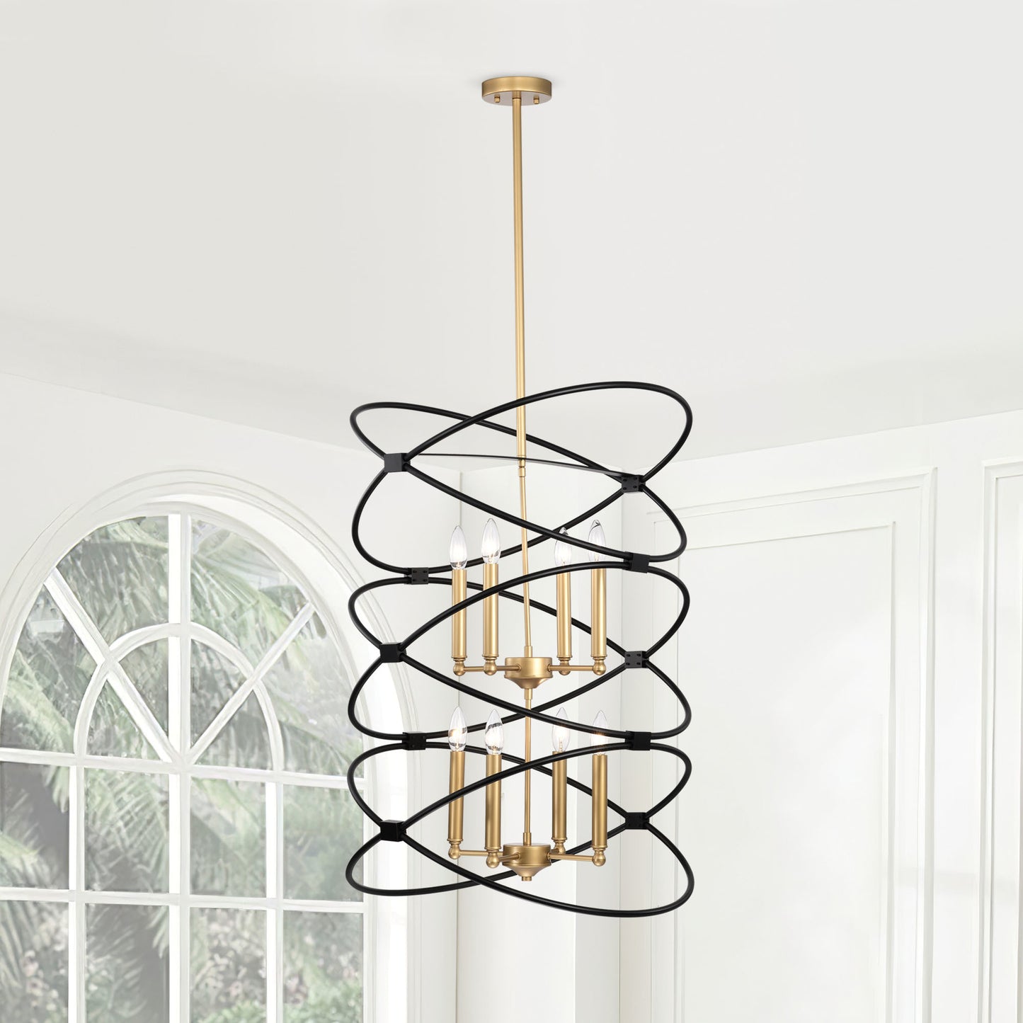 Transitional Gold/Matte Black Metal Chandelier Fixture; 8 lights