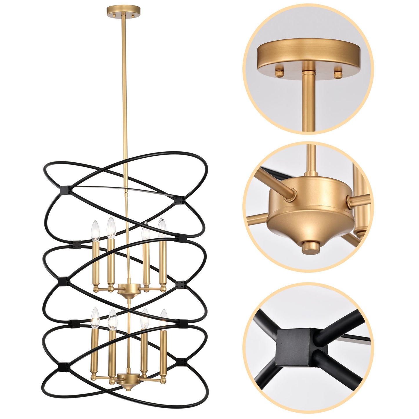 Transitional Gold/Matte Black Metal Chandelier Fixture; 8 lights