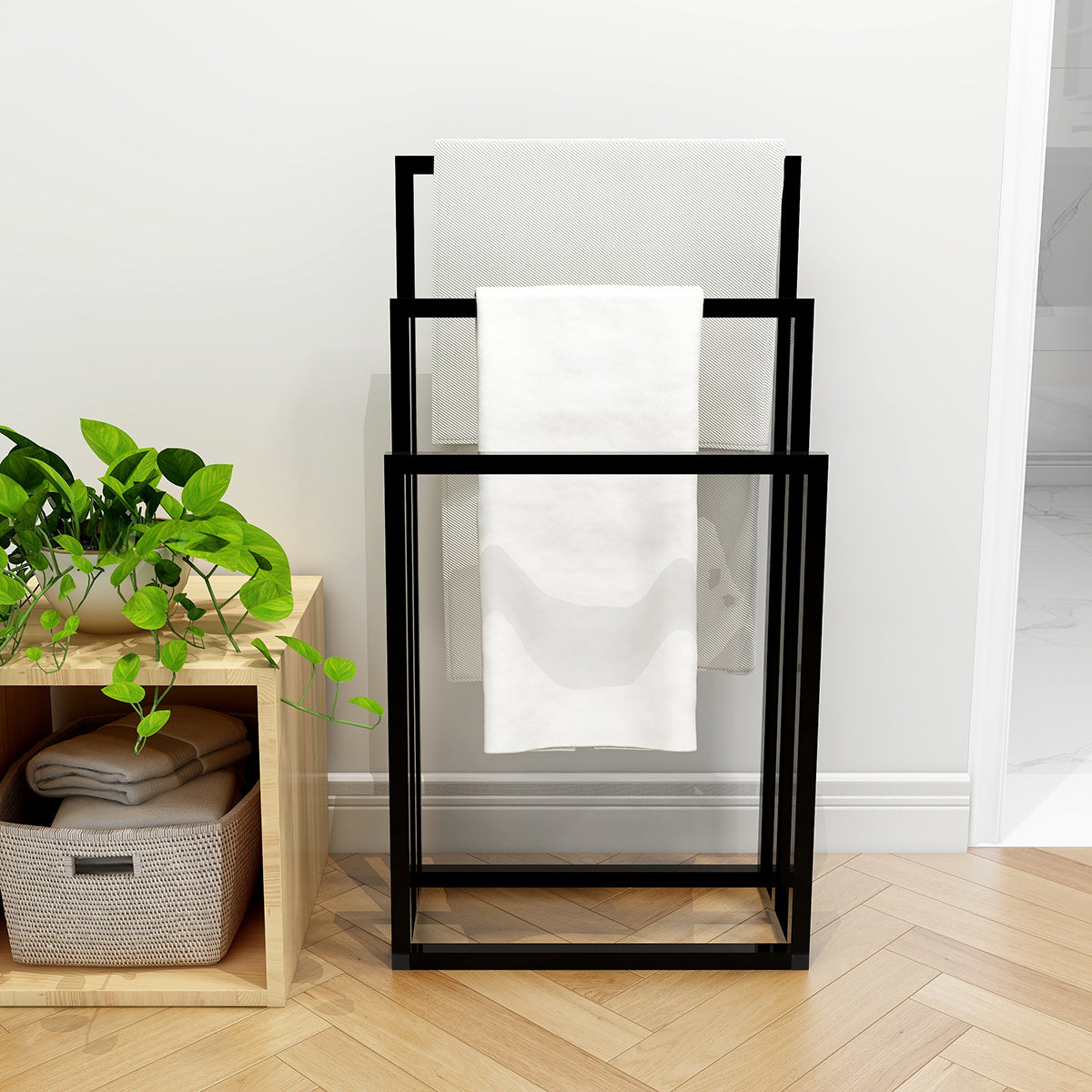 Metal Freestanding Towel Rack 3 Tiers Hand Towel Holder Organizer for Bathroom Accessories; Black