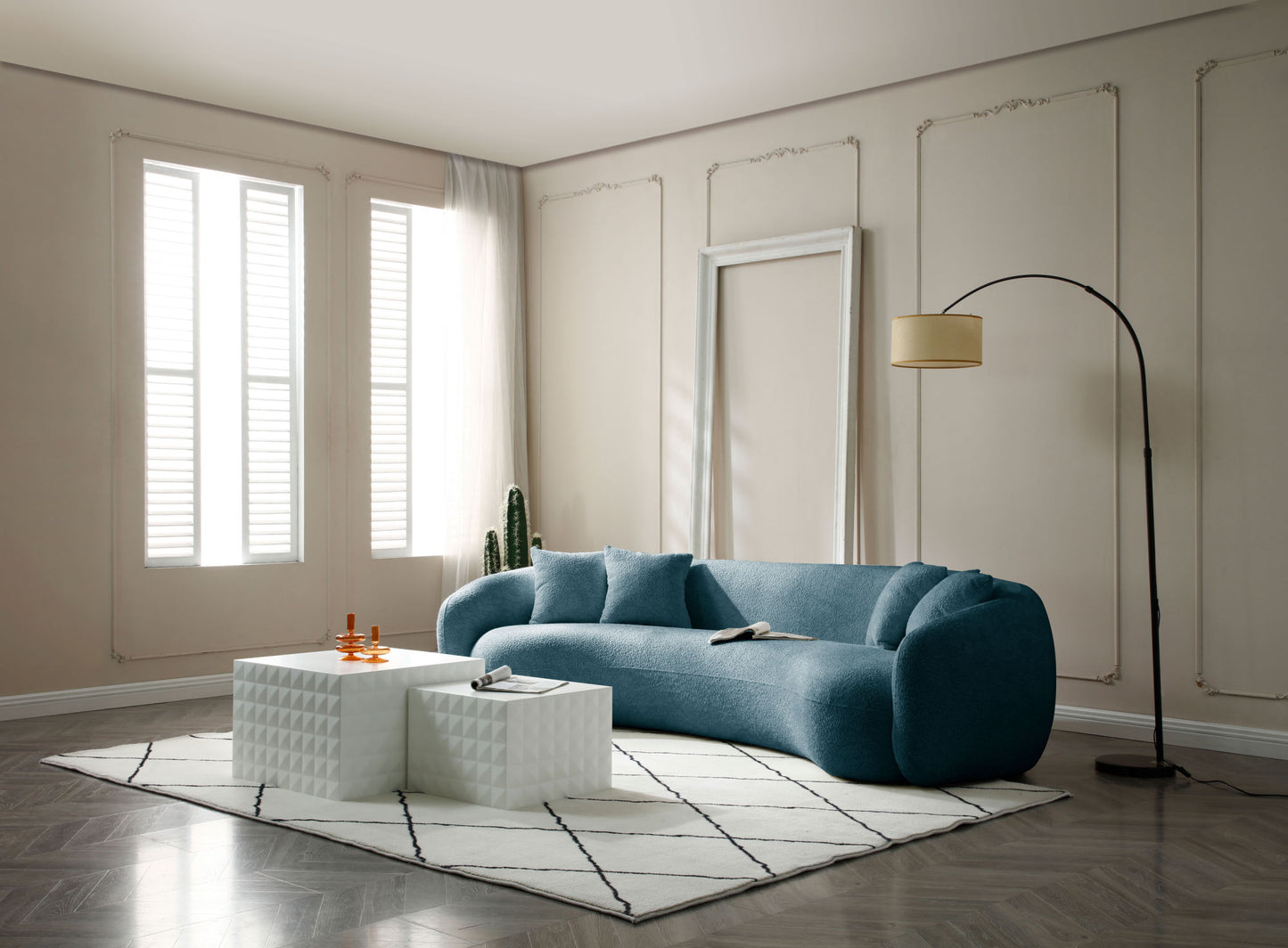 102'' Boucle Sofa Modern Sectional Half Moon Leisure Couch Curved Sofa Teddy Fleece Velet Blue