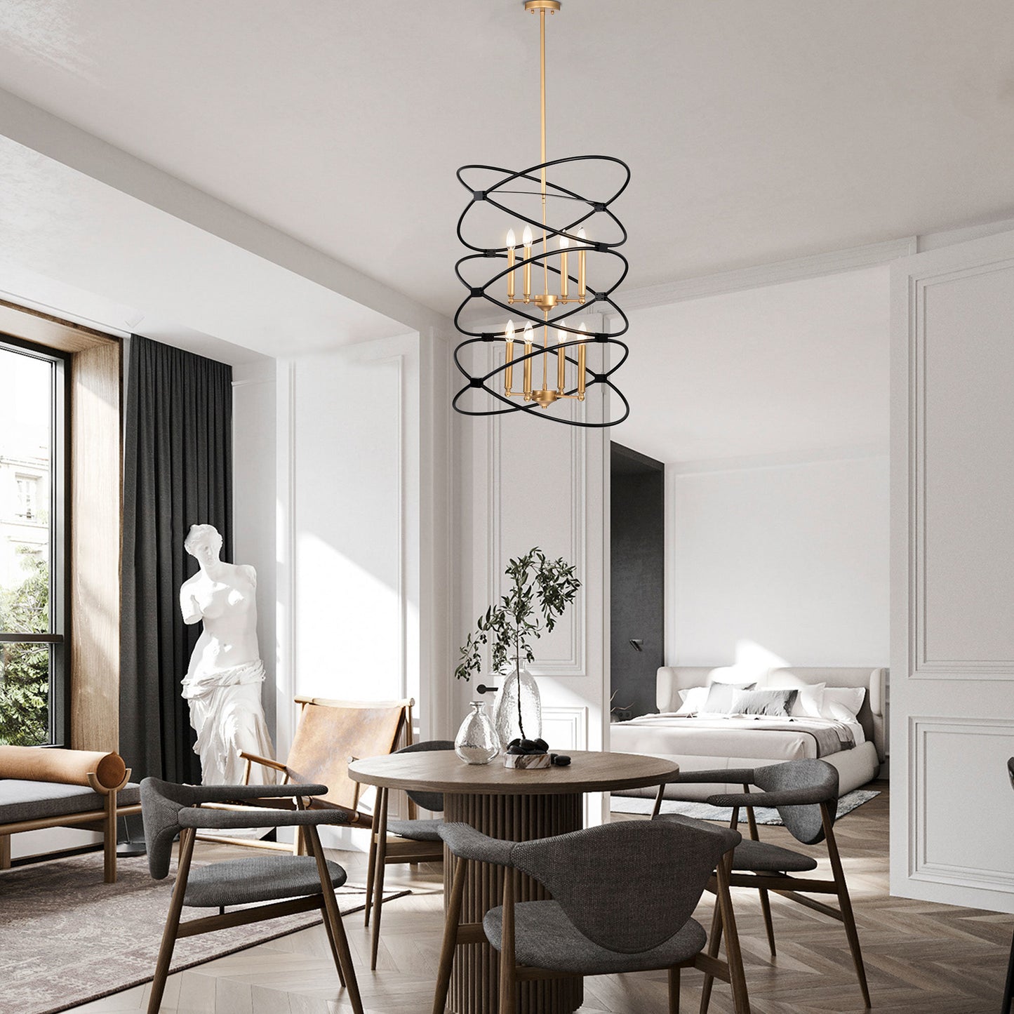 Transitional Gold/Matte Black Metal Chandelier Fixture; 8 lights