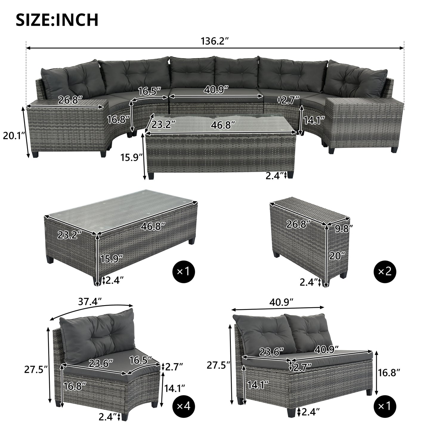 8-pieces Outdoor Set; Half-Moon All Weather; PE Rattan Water-resistant and UV Protected