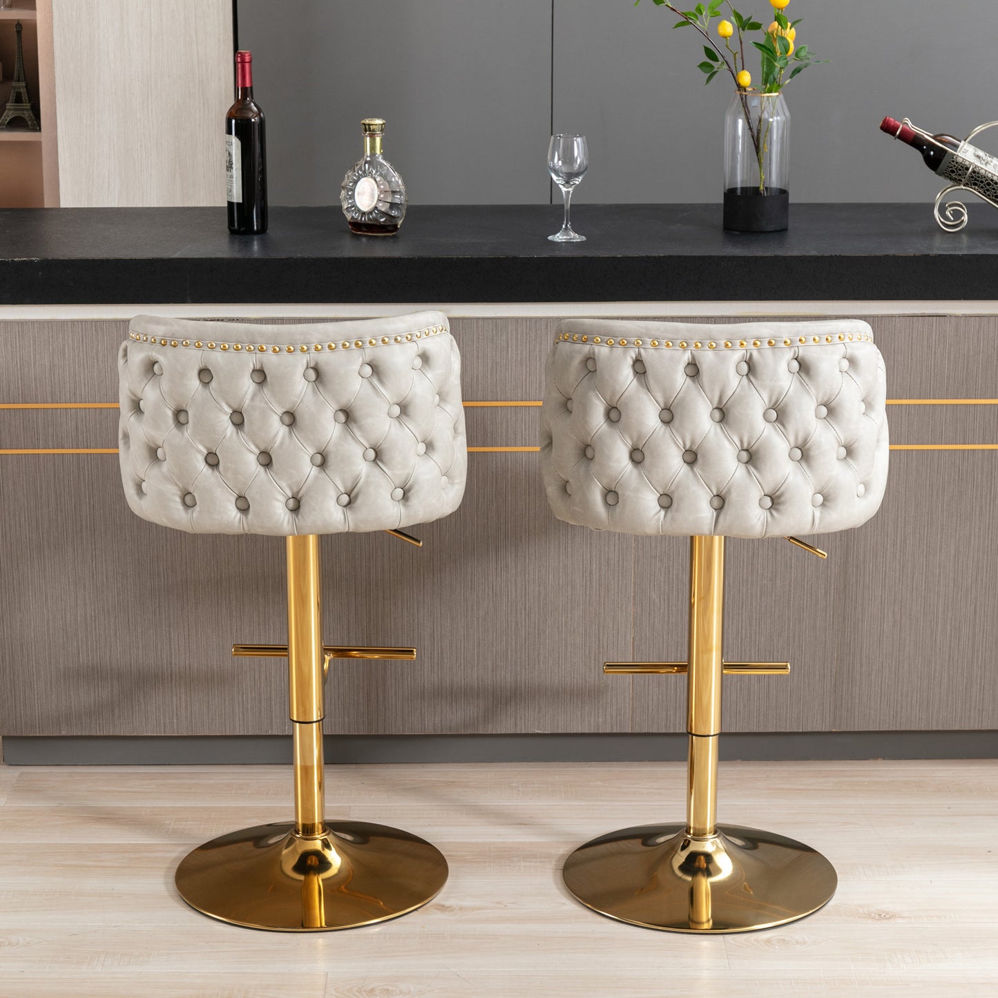 A&A Furniture,Swivel Barstools Adjusatble Seat Height, Modern PU Upholstered Bar Stools with the whole Back Tufted, for Home Pub and Kitchen Island(Beige, Set of 2)