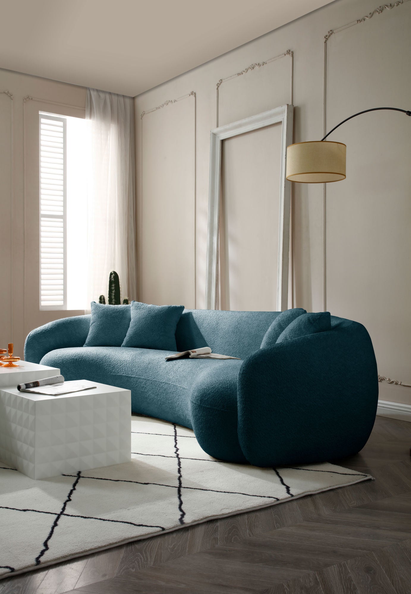 102'' Boucle Sofa Modern Sectional Half Moon Leisure Couch Curved Sofa Teddy Fleece Velet Blue