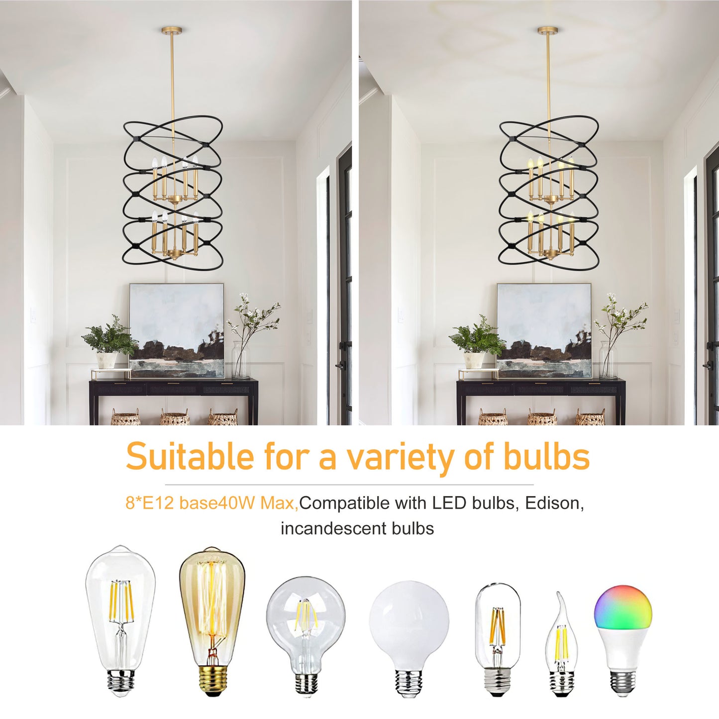 Transitional Gold/Matte Black Metal Chandelier Fixture; 8 lights