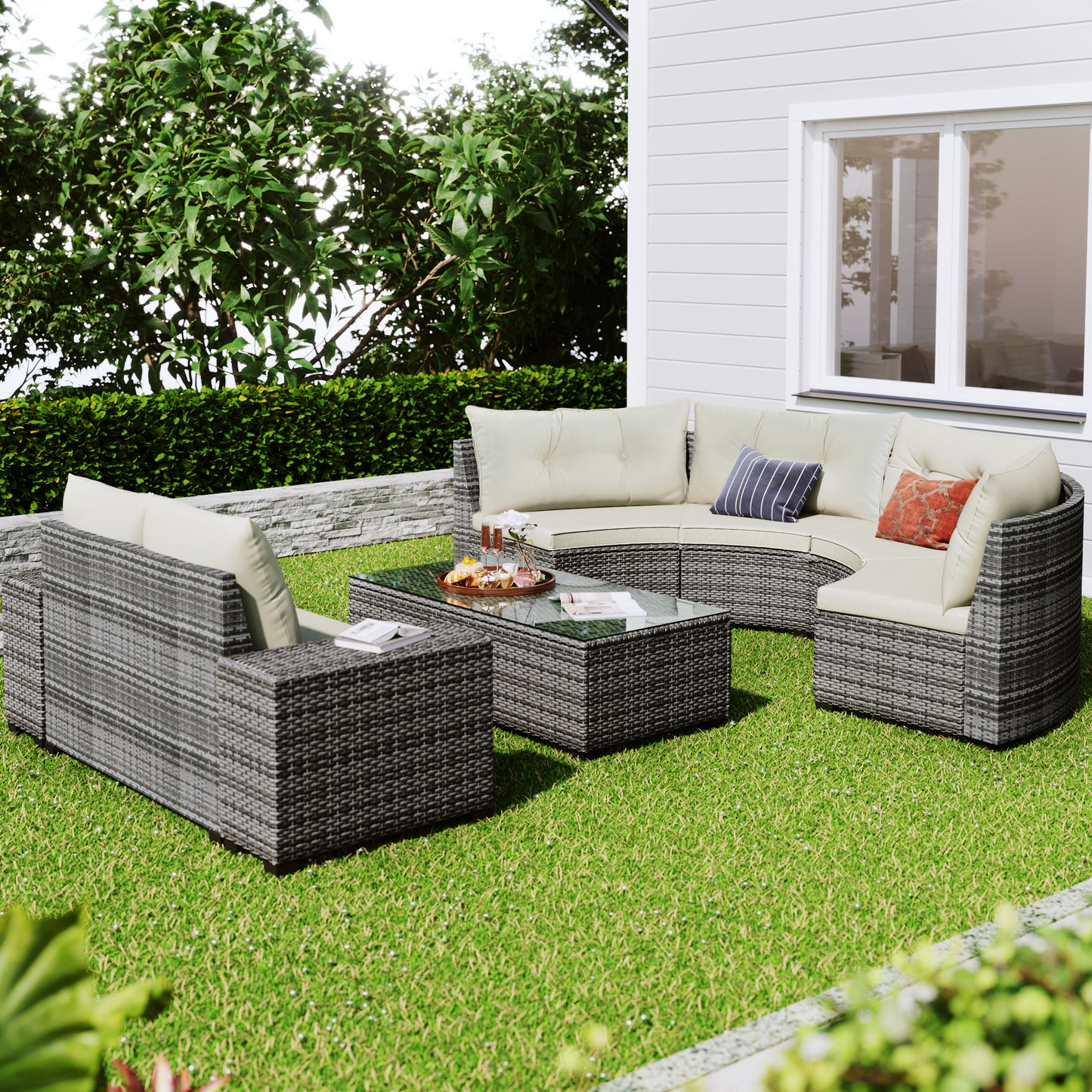 8-pieces Outdoor Set; Half-Moon All Weather; PE Rattan Water-resistant and UV Protected