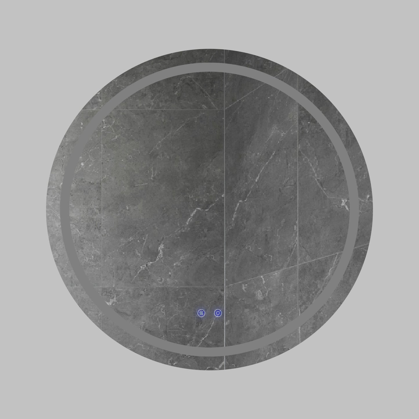 32 x 32 Inch Round Frameless LED Illuminated Bathroom Mirror; Touch Button Defogger; Metal; Frosted Edges; Silver
