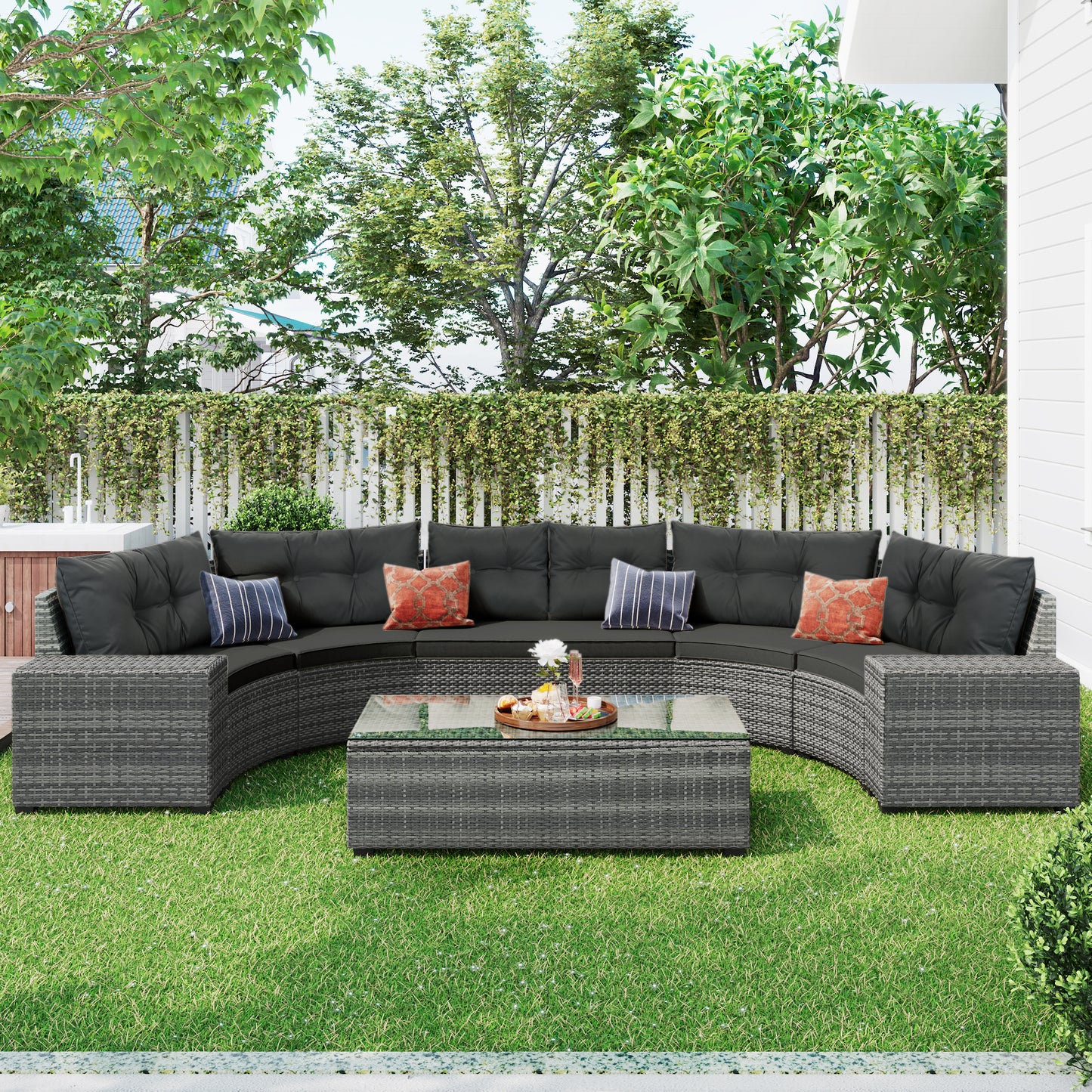 8-pieces Outdoor Set; Half-Moon All Weather; PE Rattan Water-resistant and UV Protected