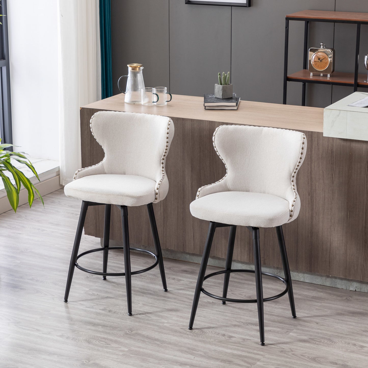 Modern Linen Wing Back bar Stoolss; Set of 2 (Beige)