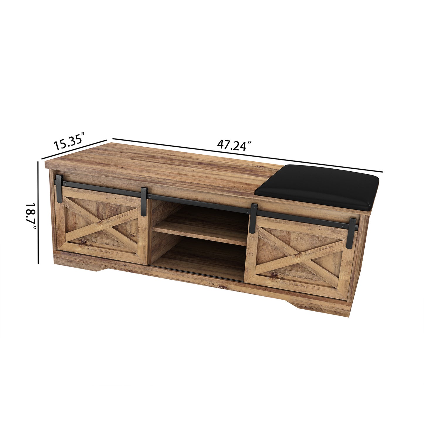 47 Inch Modern Farmhouse Sliding X Barn Door Litterbox Bench with Entry Cutout; Shoe Bench Multi-color Option