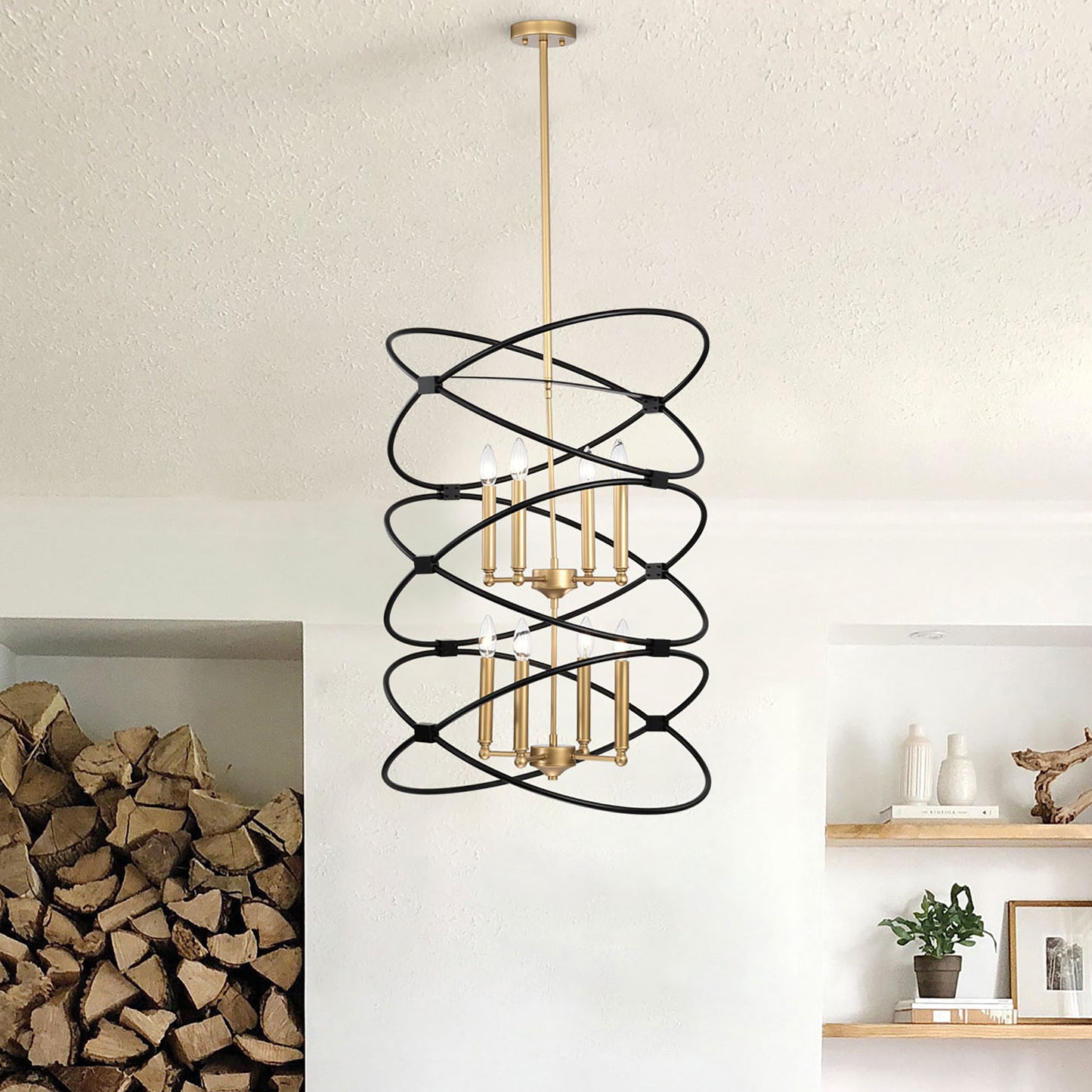 Transitional Gold/Matte Black Metal Chandelier Fixture; 8 lights