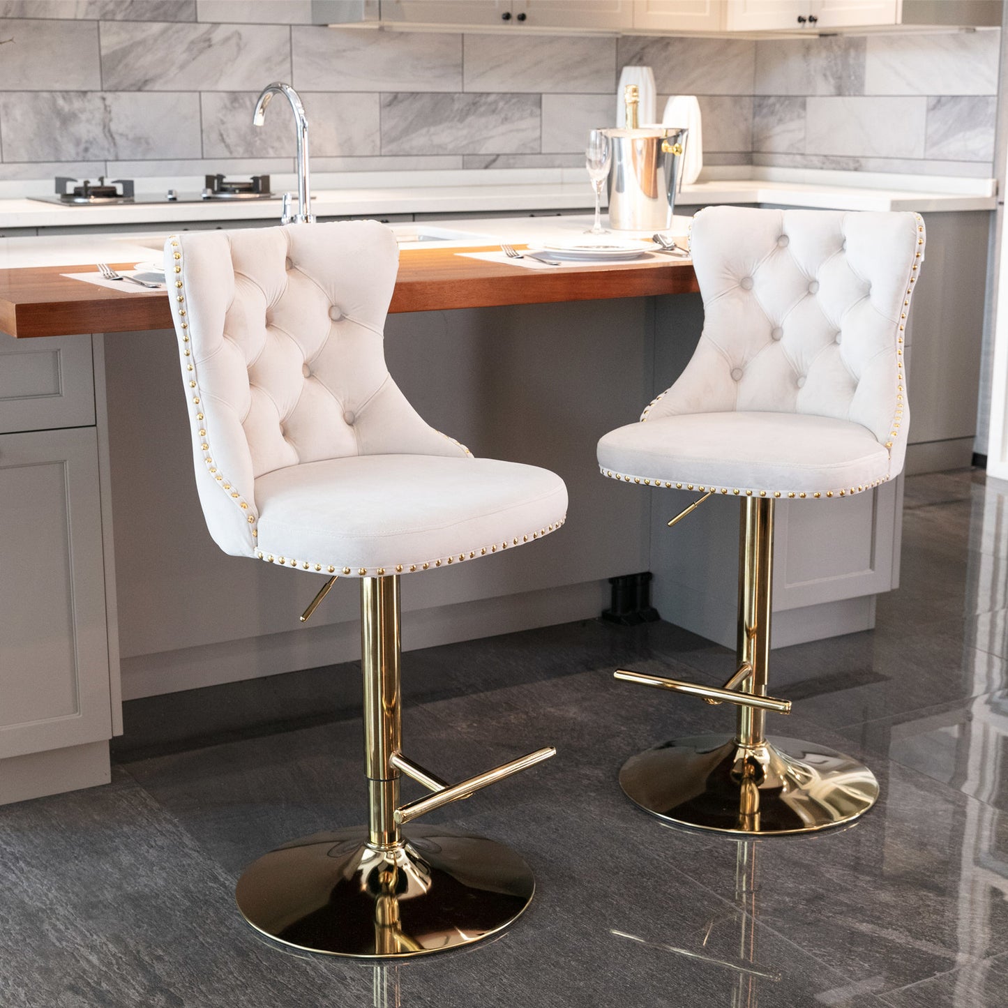 A&A Furniture,Golden Swivel Velvet Barstools Adjusatble Seat Height from 25-33 Inch, Modern Upholstered Bar Stools with Backs Comfortable Tufted for Home Pub and Kitchen Island(Beige,Set of 2)