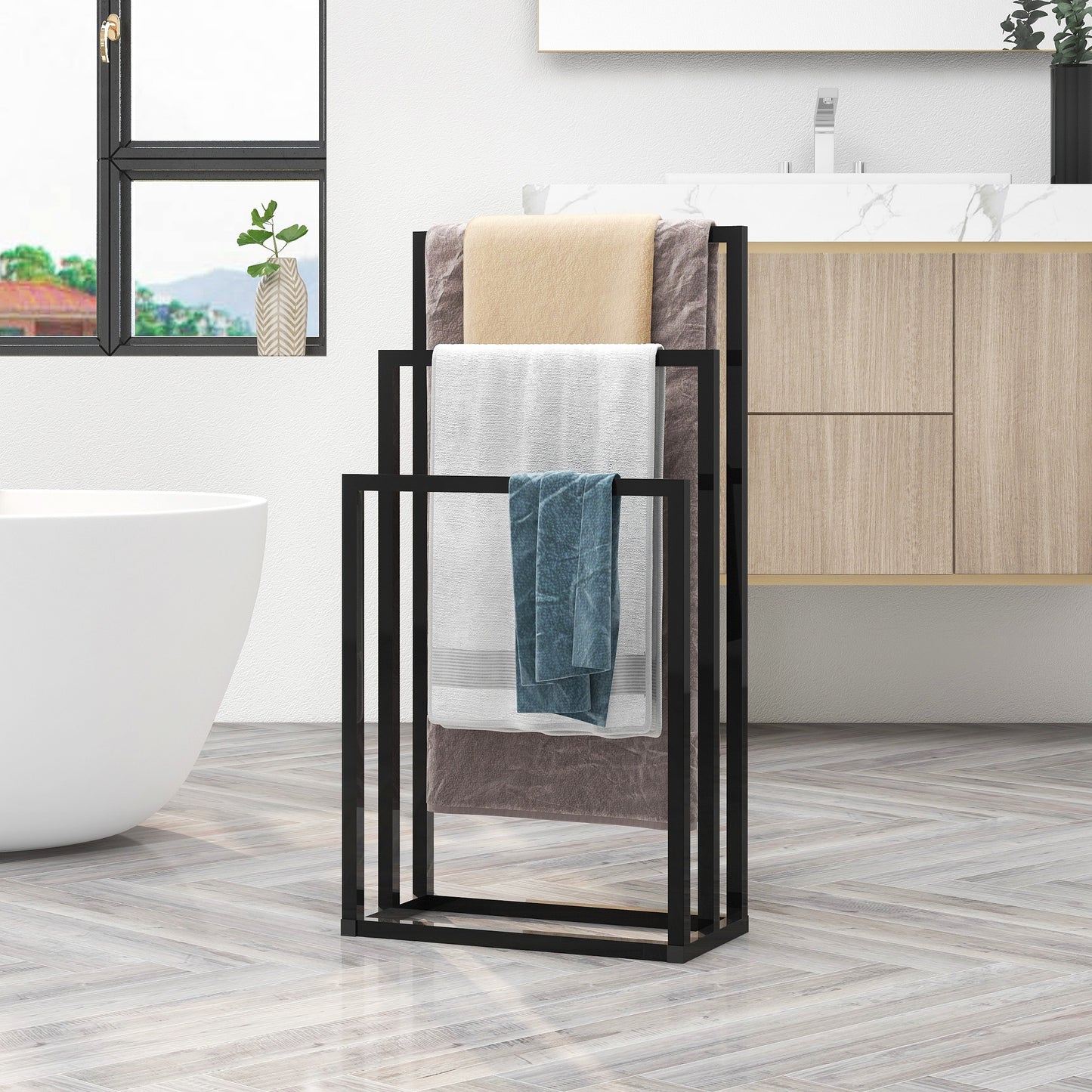 Metal Freestanding Towel Rack 3 Tiers Hand Towel Holder Organizer for Bathroom Accessories; Black