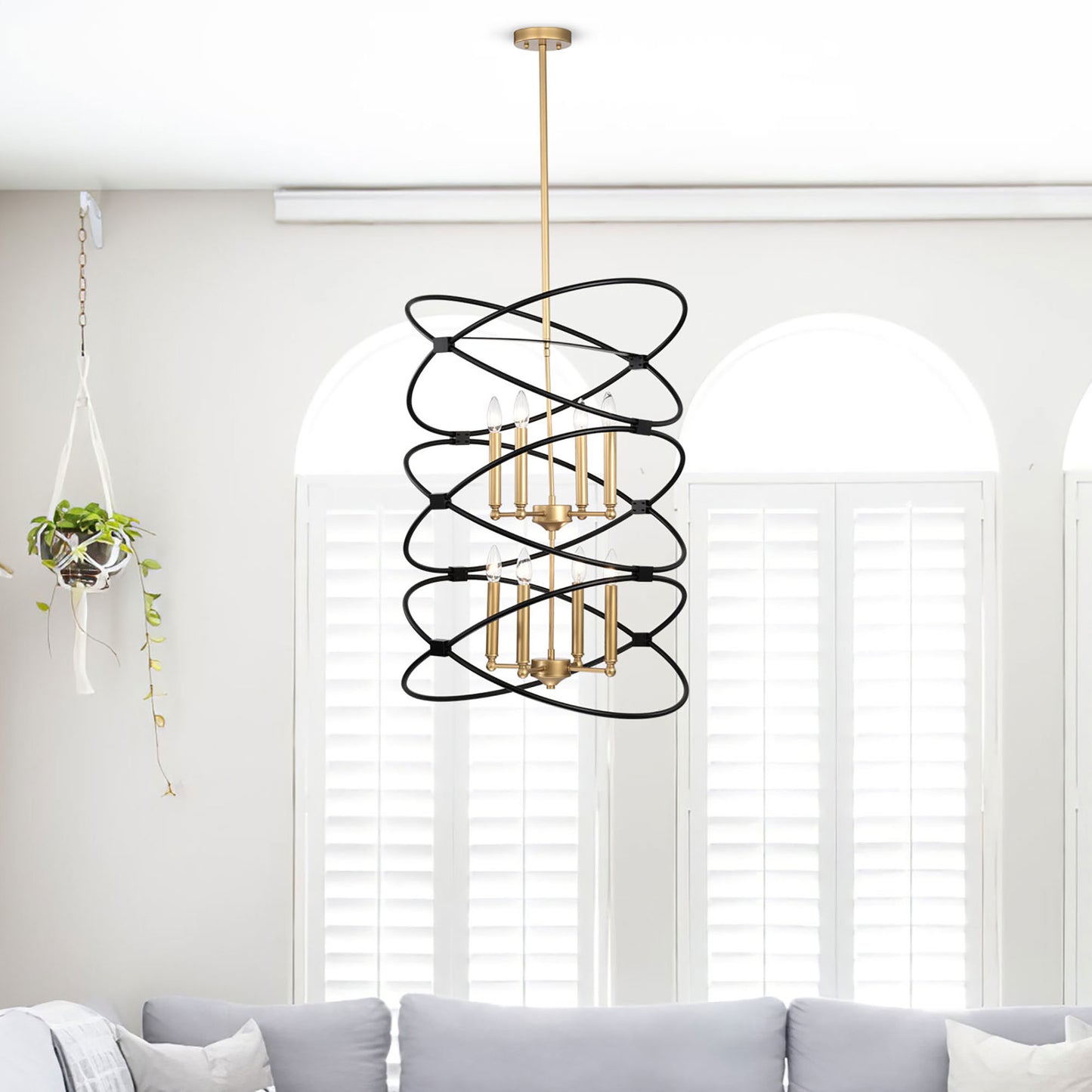 Transitional Gold/Matte Black Metal Chandelier Fixture; 8 lights