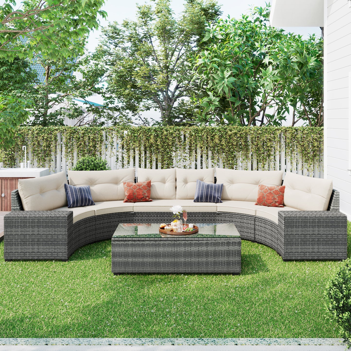 8-pieces Outdoor Set; Half-Moon All Weather; PE Rattan Water-resistant and UV Protected