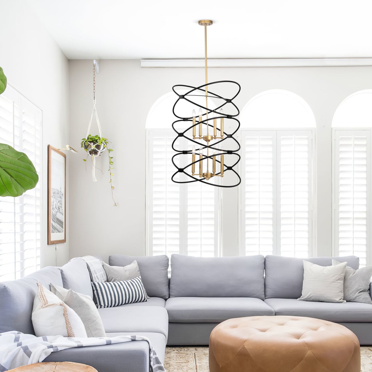 Transitional Gold/Matte Black Metal Chandelier Fixture; 8 lights
